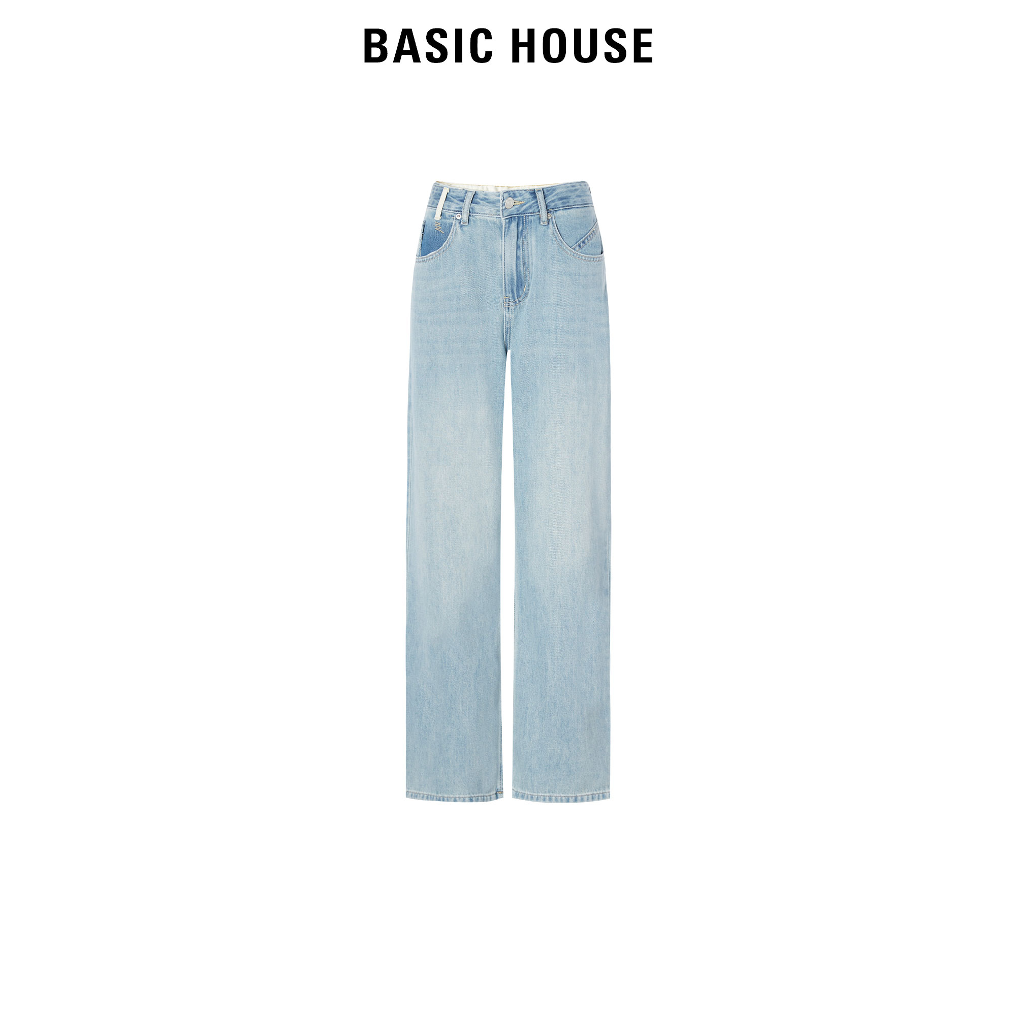 Basic House/百家好复古蓝直筒牛仔裤女2025新款浅色阔腿长裤子