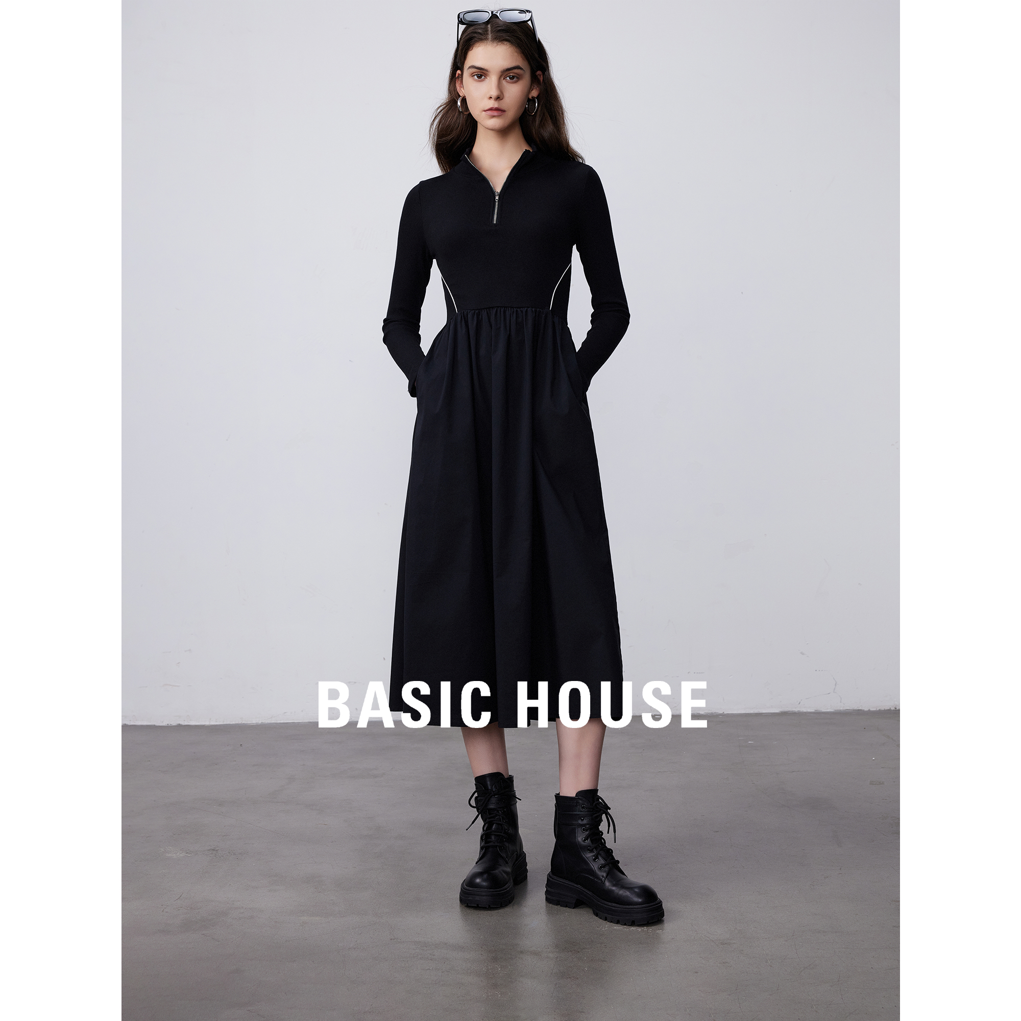 Basic House/百家好长袖针织连衣裙女2024春装新款轻奢法式a字裙 女装/女士精品 连衣裙 原图主图