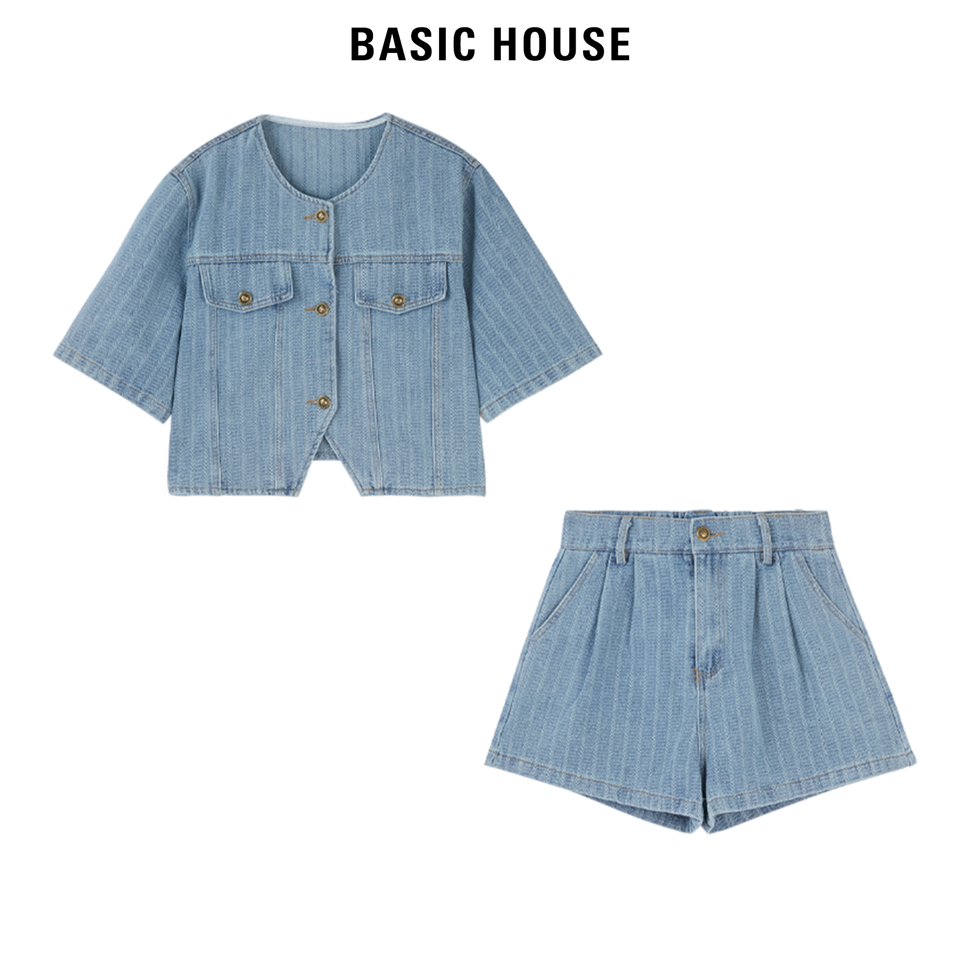 Basic House/百家好牛仔短袖外套女2024春季新款宽松牛仔短裤套装