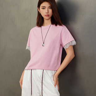 T恤女2025夏季 百家好减龄拼接蕾丝花边短袖 显瘦上衣 House Basic