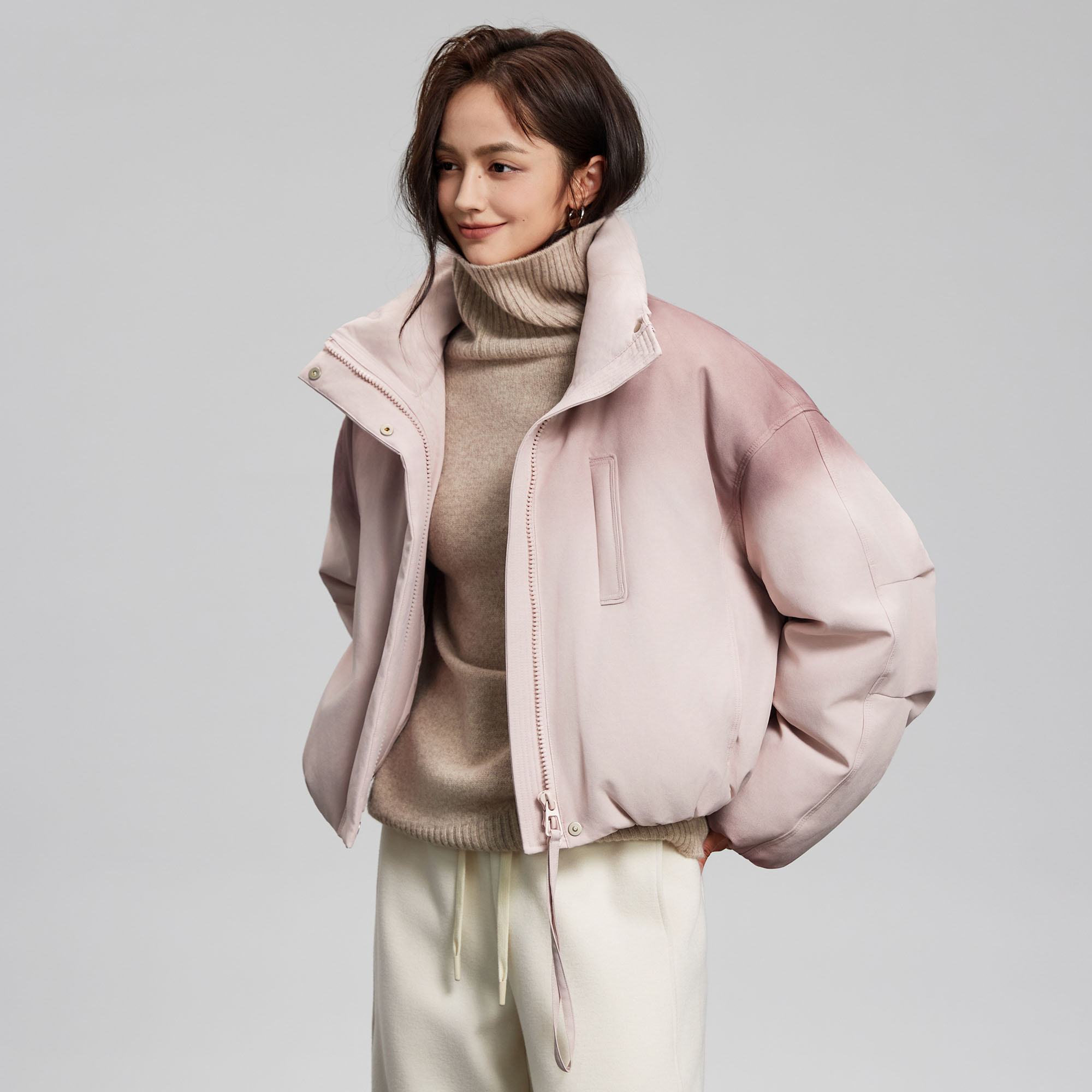 Basic House/百家好渐变色立领羽绒服女2025冬季宽松保暖面包服