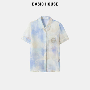 House 百家好蓝色扎染防晒衬衫 女夏季 上衣 Basic 别致宽松短袖 薄款