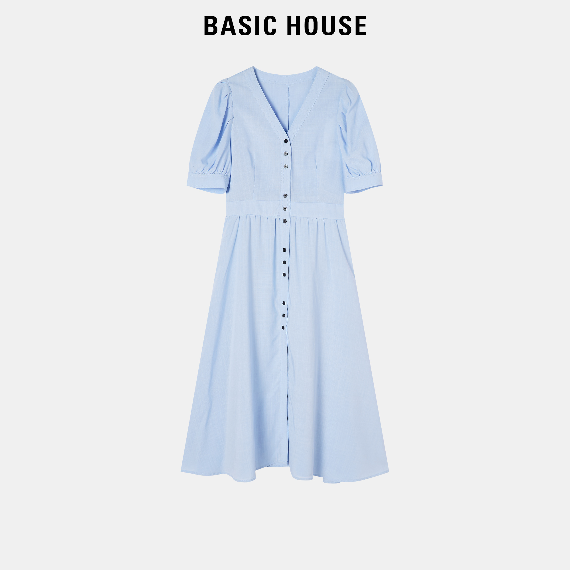 Basic House/百家好休闲V领连衣裙女夏2024新款收腰显瘦长裙