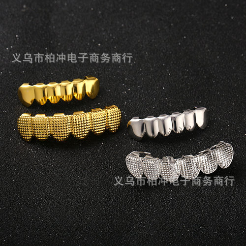 晶格条纹嘻哈牙套18k镀金六齿金