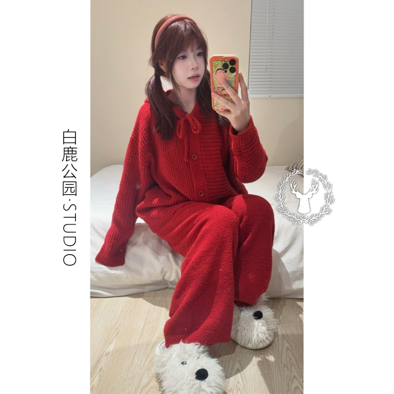 针织半边绒睡衣女冬季家居服套装