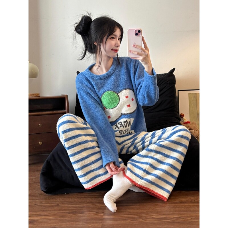 少女可爱风卡通印花针织半边绒睡衣女冬季新款加厚保暖家居服套装