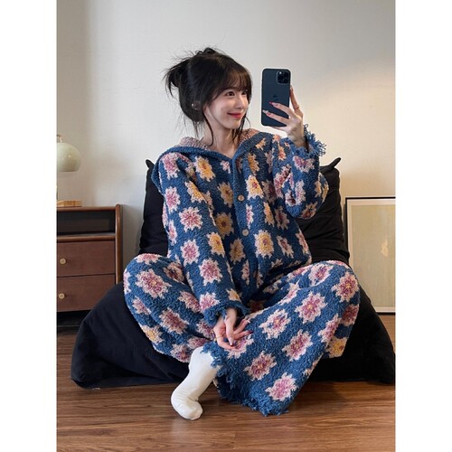 针织半边绒睡衣女冬季家居服套装