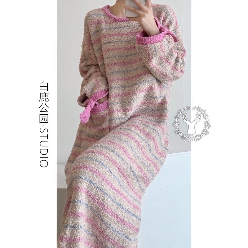 针织半边绒睡衣女冬季家居服睡裙