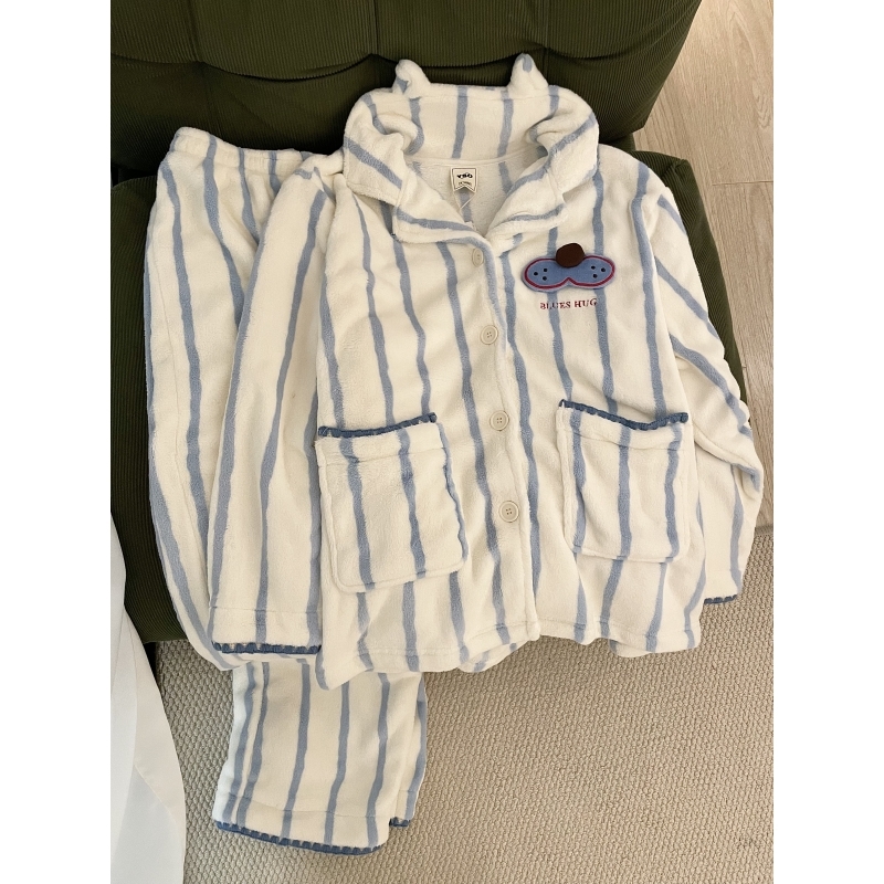 法兰绒睡衣女秋冬保暖家居服套装