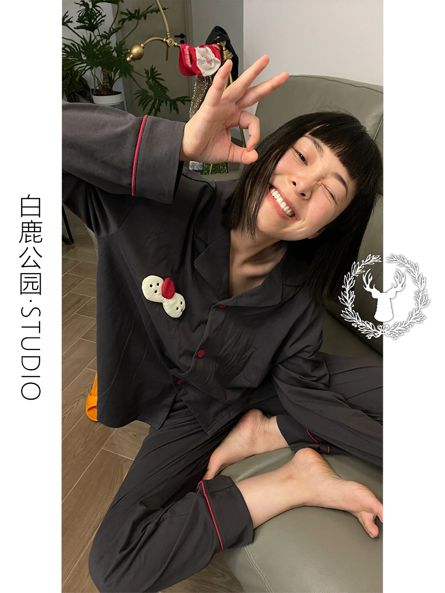 韩风休闲开衫翻领长袖睡衣女春秋款2025新款大码卡通家居服套装