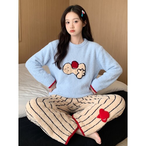 半边绒睡衣女冬季加厚家居服套装