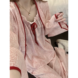 法式设计感复古风绑带睡衣女春秋季2026新款大码可外穿家居三件套