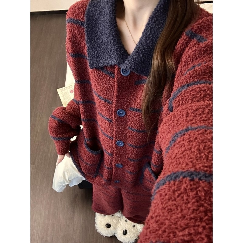 日韩休闲风条纹针织半边绒睡衣女冬季2025新款加厚保暖家居服套装,女士内衣/男士内衣/家居服,睡衣/家居服套装,淘宝优惠券,粉丝福利购,淘宝优惠卷