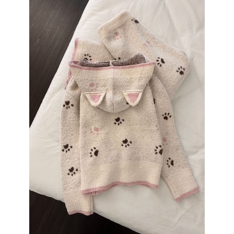 针织半边绒睡衣女冬季家居服套装