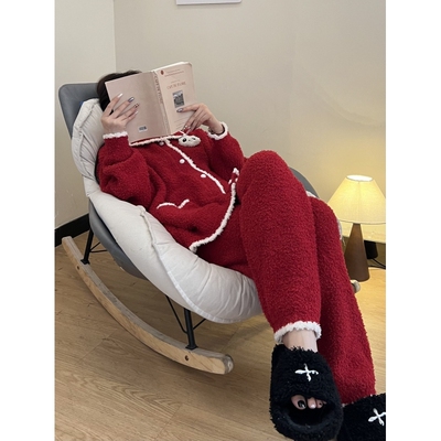 半边绒睡衣女冬季保暖家居服套装