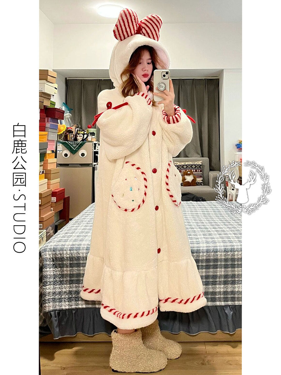 甜美加厚可爱蝴蝶结连帽珊瑚绒睡裙女冬款2025新款大码家居服睡袍,女士内衣/男士内衣/家居服,睡袍/浴袍,淘宝优惠券,粉丝福利购,淘宝优惠卷