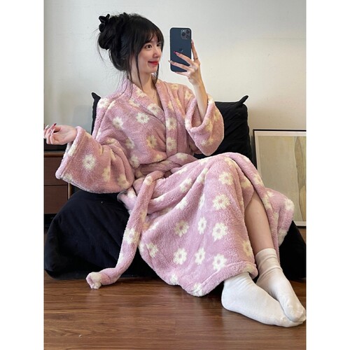 珊瑚绒睡袍女冬季保暖家居服浴袍