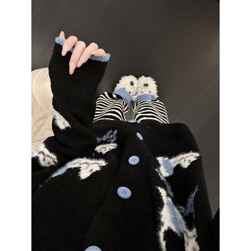 软糯慵懒风可爱小狗针织半边绒睡衣女冬季加绒加厚保暖居家服套装