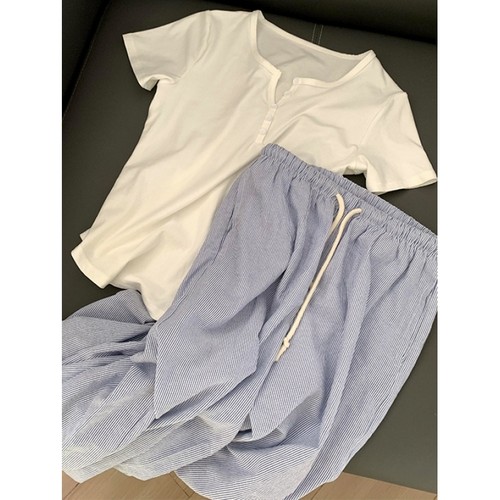 睡衣女款夏季条纹长裤家居服套装