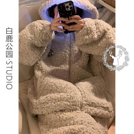 少女卡通可爱纯色连帽珊瑚绒睡衣女秋冬季新款加厚加绒家居服套装