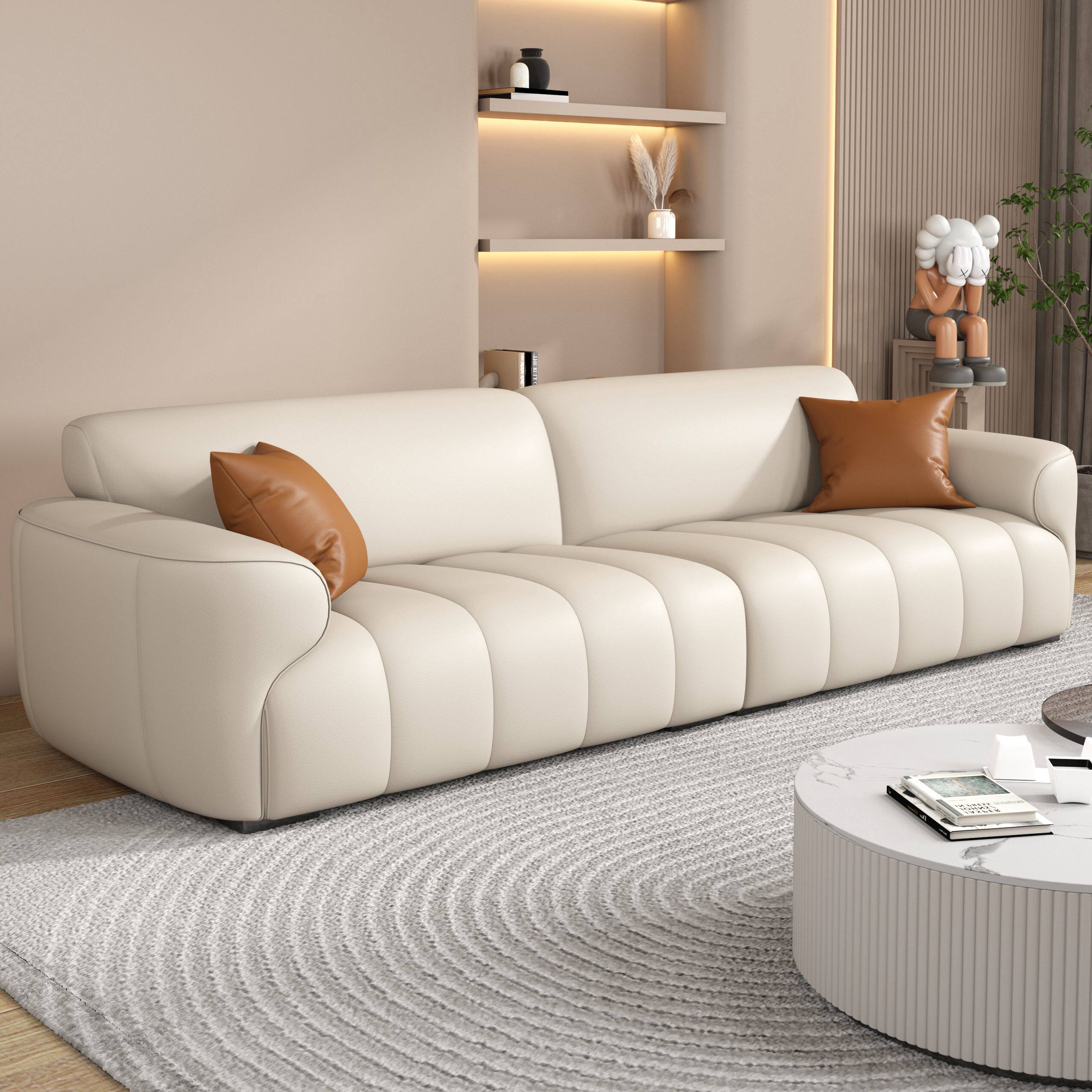 双虎奶油诧寂风真皮沙发客厅简约现代日式直排三人四人位大小户型