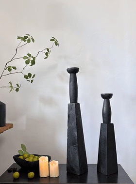 侘寂风黑色实木烛台民宿酒店样板间客厅餐厅桌面竖高装饰落地摆件