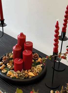 侘寂风红色香薰蜡烛套餐木质托盘干果松果蜡烛组合新年高级感软装