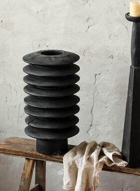 侘寂风黑色波纹实木花瓶摆件客厅插花新中式高级感家居创意花器