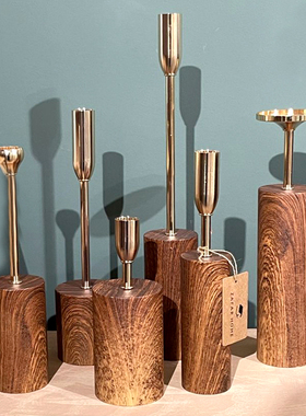 侘寂风铁艺烛台客厅玄关高级感木纹色蜡烛台浪漫烛光晚餐氛围摆件