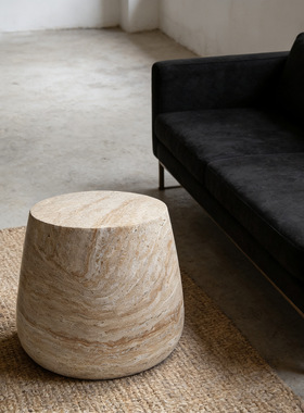 侘寂风仿洞石圆形边几民宿公寓高级感客厅摆设沙发角几轻奢茶几