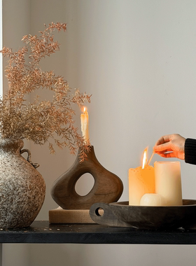 侘寂风圆形木质托盘高级感香薰托盘民宿蜡烛台装饰摆件做旧果盘