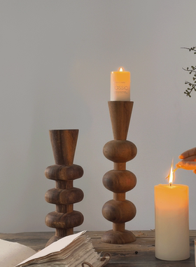 高级感胡桃木烛台摆件中古风木质氛围感烛台民宿样板间装饰蜡烛台