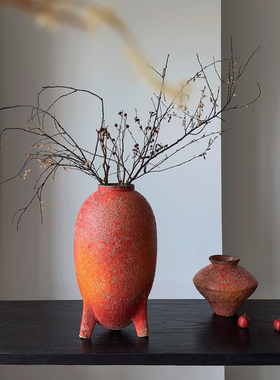 新中式红石榴陶瓷花瓶摆件客厅插花高级感红色粗陶陶罐花盆可水培