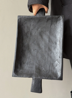 侘寂风碳化黑色纯实木长方形双耳托盘手柄木质果盘佛手柑装饰盘