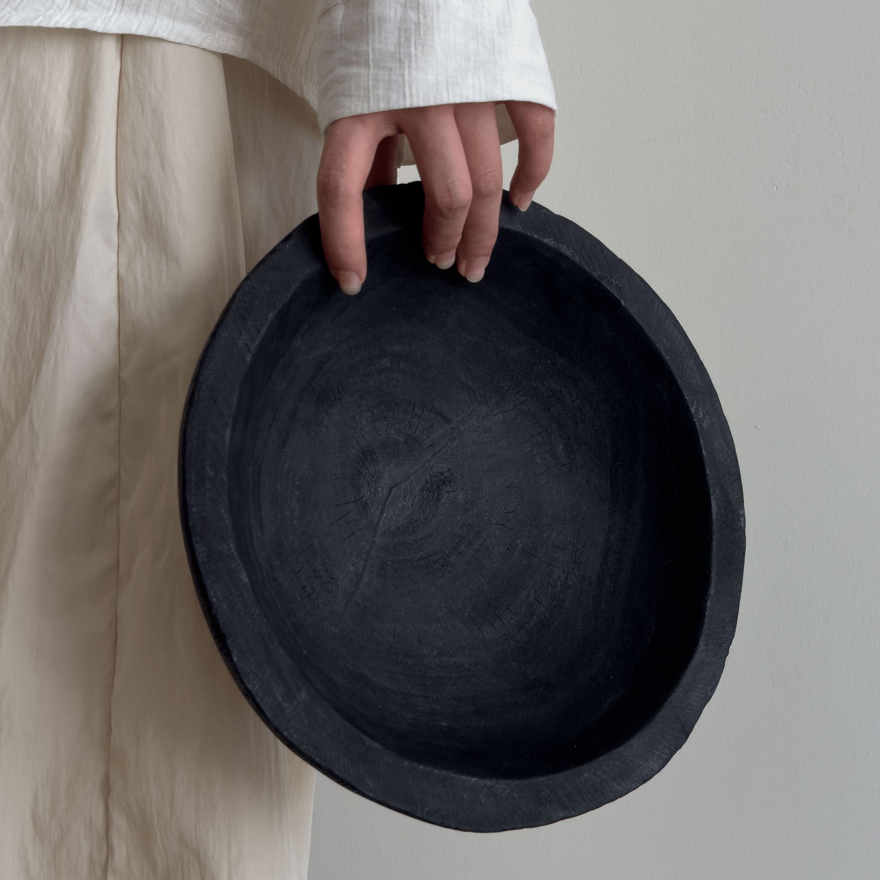 侘寂风圆形大号木盆复古实木托盘