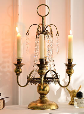 侘寂风古典做旧铁艺水晶挂坠四头蜡烛台复古金色烛台餐桌装饰摆件