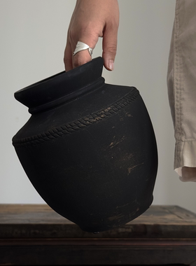 侘寂风黑色陶罐高级感陶瓷花瓶客厅插花民宿酒店组合套餐装饰摆件