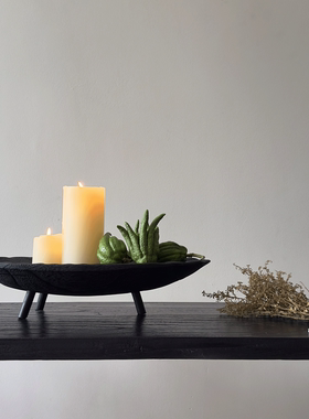 侘寂风三腿木质托盘高档水果盘客厅家用高颜值碳化黑色果盘收纳盘