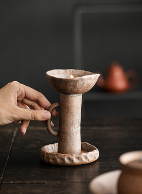 侘寂风老岩泥粗陶烛台茶道配件仿古禅意高级感蜡烛台氛围装饰摆件