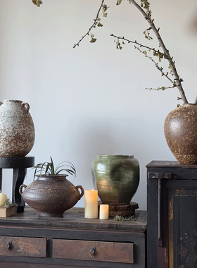 侘寂风陶瓷花瓶装饰摆件粗陶罐民宿仿古高级感插花复古干花花器