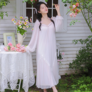春秋宫廷风蕾丝公主风网纱长袖莫代尔睡裙女款2026新款性感睡衣冬
