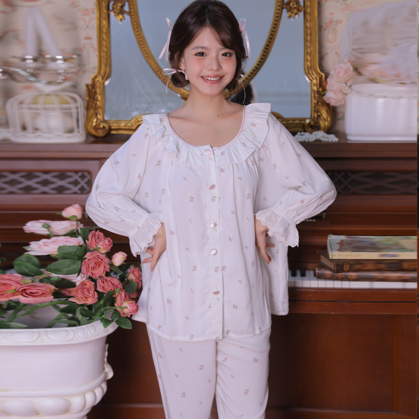 宫廷风圆领莫代尔甜美可爱睡衣女款2026新款女春秋纯棉公主风套装