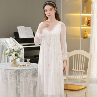 宫廷风网纱蕾丝长袖莫代尔睡裙女款性感纯棉长款睡衣女带胸垫春秋