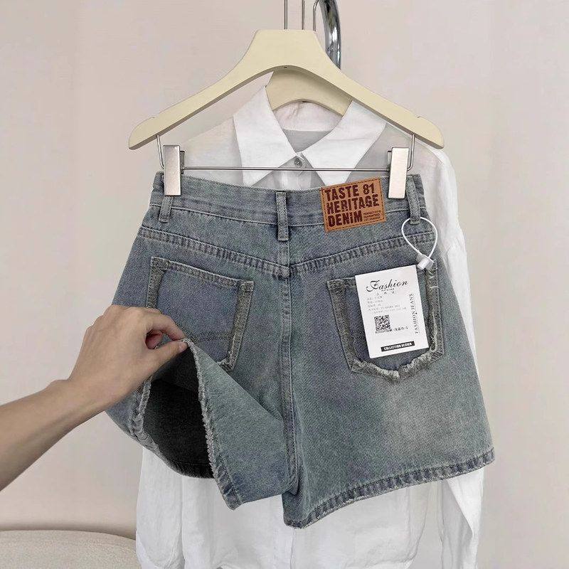 浅色牛仔短裤女2025夏季流行爆款宽松阔腿a字美式三分裤辣妹热裤