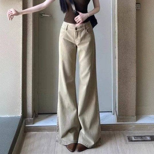 贸易时尚美式卡其微喇牛仔裤女喇叭秋季低腰显瘦宽松马蹄拖地长裤