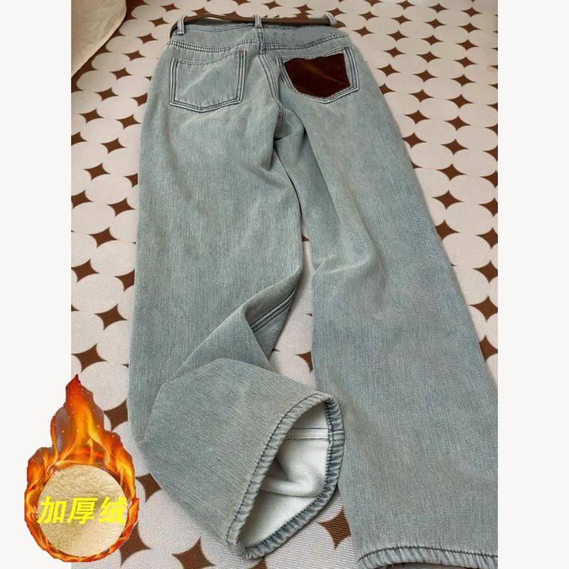 胖MM小众加绒加厚蓝色牛仔裤女冬季新款高腰显瘦显高直筒阔腿长裤