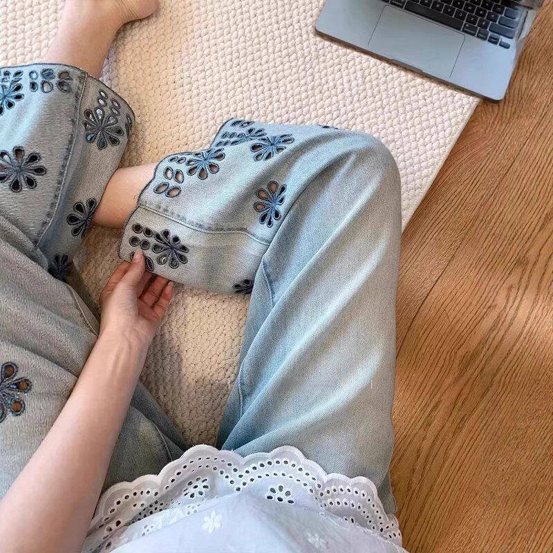 裤脚镂空刺绣九分直筒牛仔裤女2026春季新款休闲高腰显瘦阔腿裤子