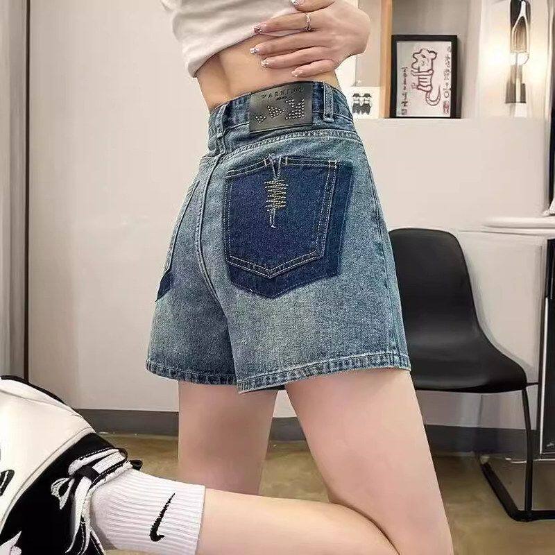 复古高腰牛仔短裤女2024夏季新款薄款撞色宽松显瘦小个子a字热裤