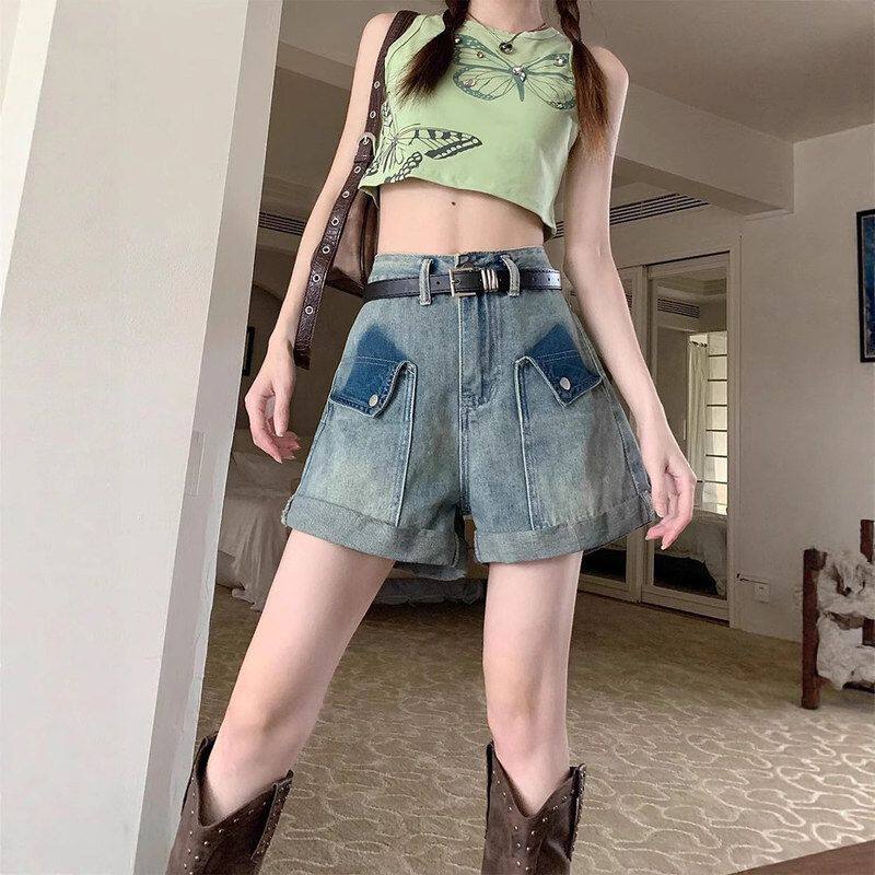 设计感口袋卷边牛仔短裤女夏季薄款大码胖mm宽松显瘦a字休闲热裤