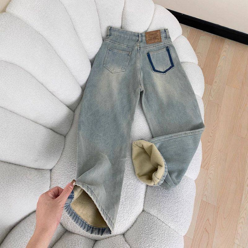 撞色加绒保暖直筒牛仔裤女2025秋冬新款高腰宽松显瘦窄版阔腿长裤